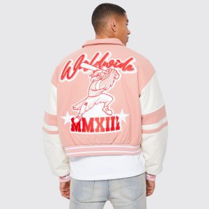 Nylon Embroidered Varsity Jacket in Black